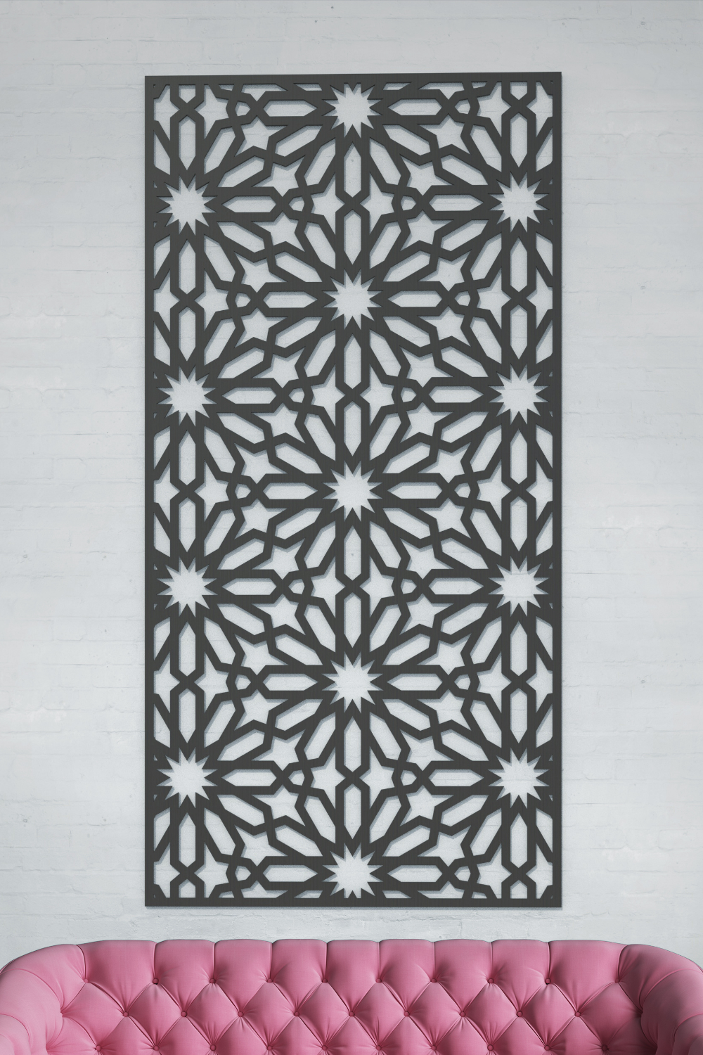 alhambra decorative metal screen mocked up in different settings and different installations
