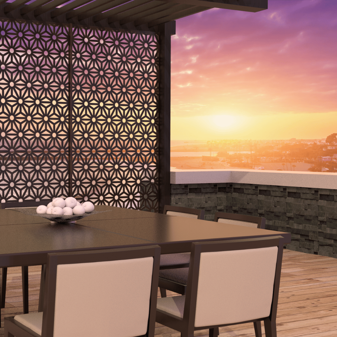 botanical decorative Metal Screen in a patio sunset setting