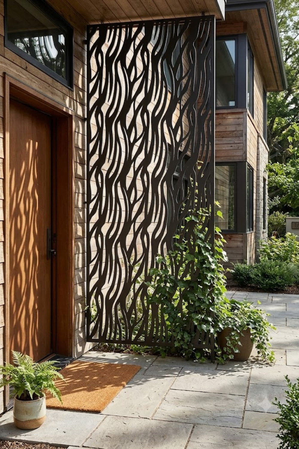 creeper decorative metal screen mockup in the entryway of a large house