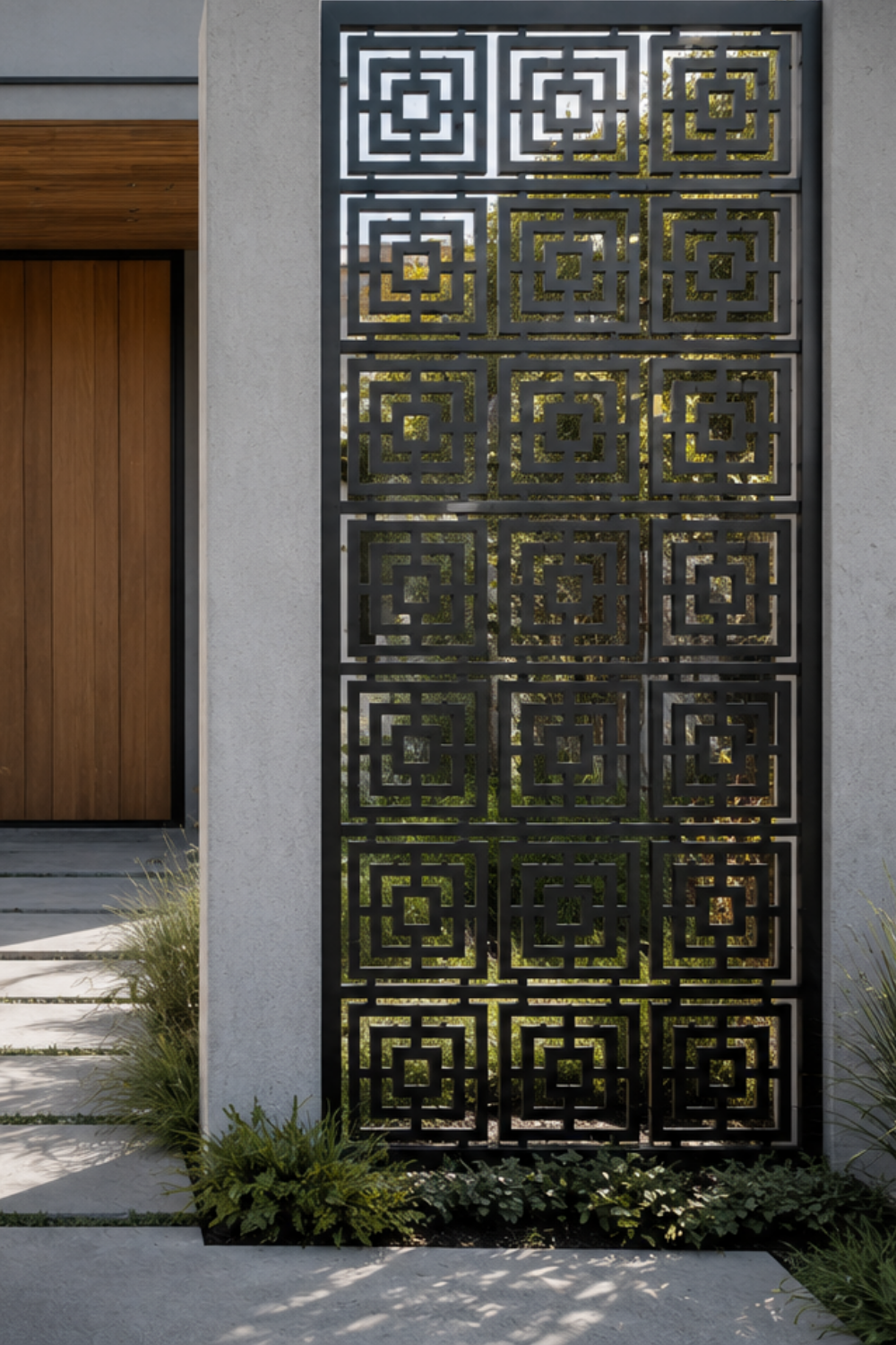 a mockup image of grid decorative metal screen in the entryway to a house