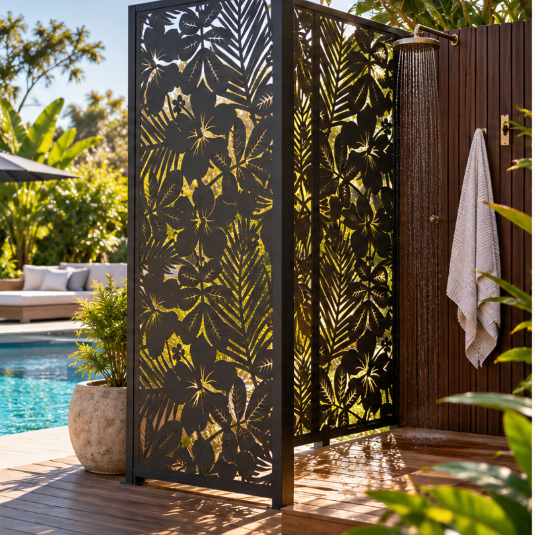 iris-decorative-metal-screen-in-outdoor-shower-concept