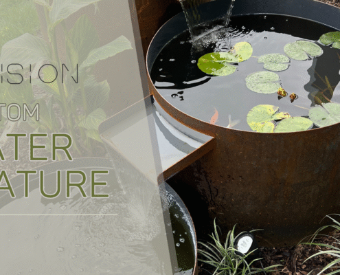 custom water feature corten steel with text overlay