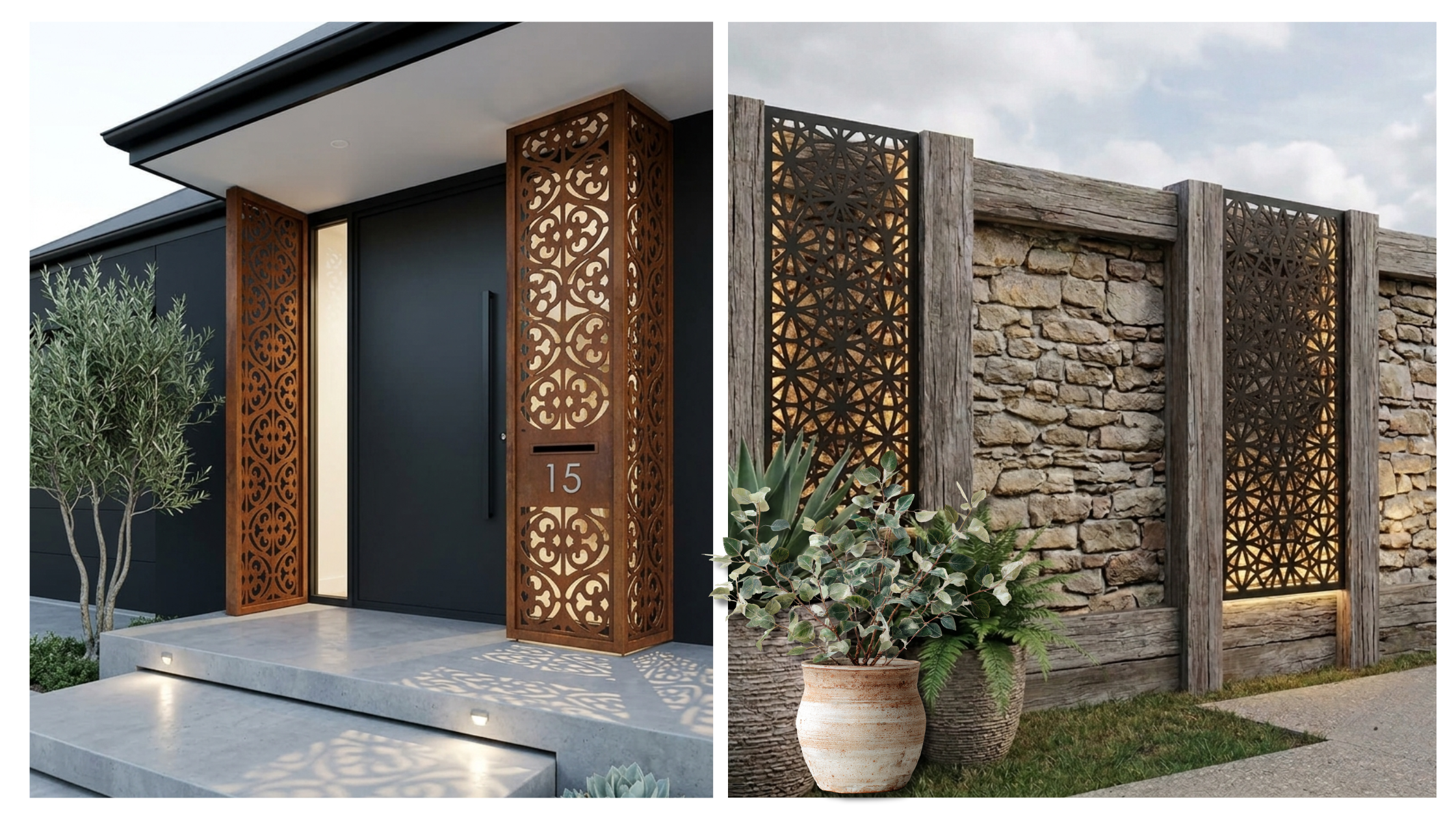 decorativemetalscreensusedasfencepanelsandanentrywayretrodesignandspirographdesing