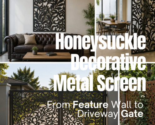 a mockup of different applications using the honeysuckle decorative metal screen