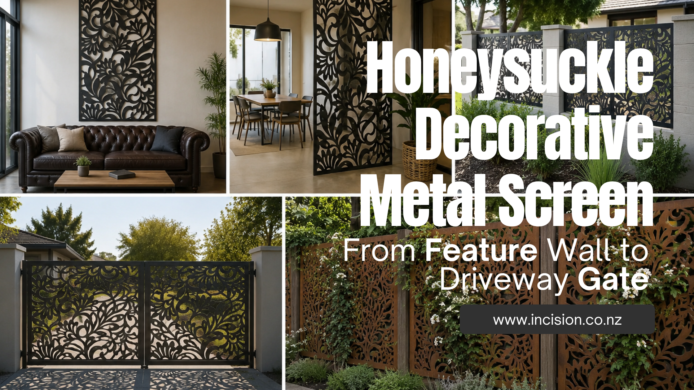 a collage of honeysuckle decorative metal screens mocked up in different settings