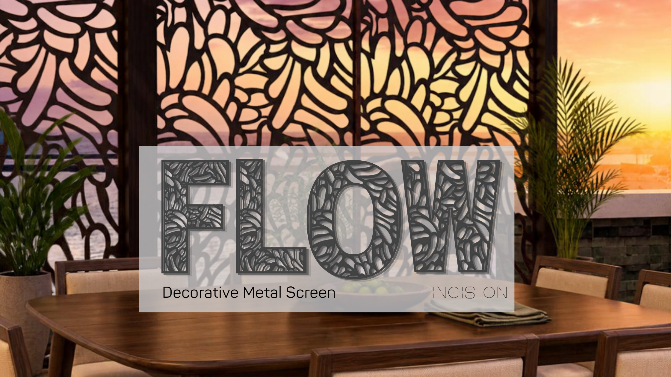 flow decorative metal screen by incision in a courtyard sunset setting